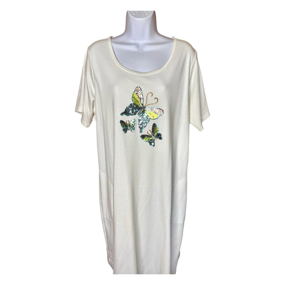 Quacker Factory Short Sleeve Cotton Dress XL Butterfly Sequins NWT Beach Summer
